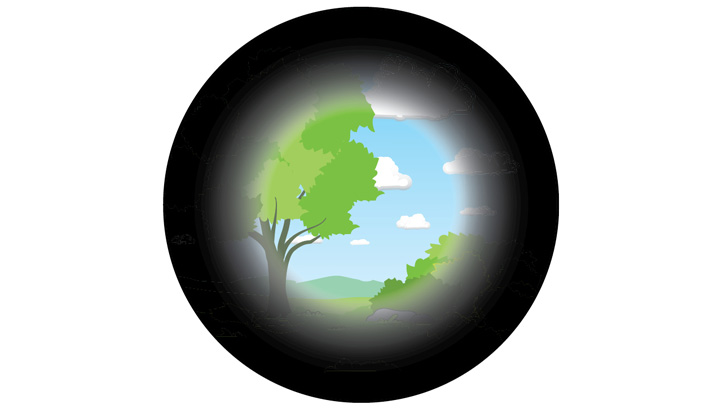 Retinitis pigmentosa (RP) påvirker først det perifirere syn, og det opleves som at se gennem et smalt rør (tunnelsyn).